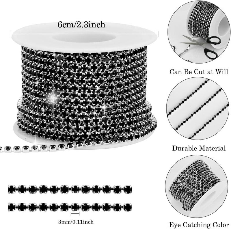 Slergut Black Silver Rhinestone Chain, 10 Yards 3MM Crystal Rhinestone Chain Trim for Sewing Crocs Shoes, Claw Rhinestone Chain for Craft Jewelry Wedding DIY Decoration - Image 2